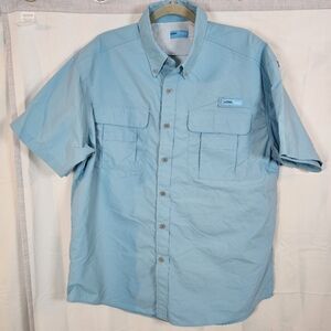 Tuna Vented Fishing Shirt Button Front Blue Green Size Large Nylon